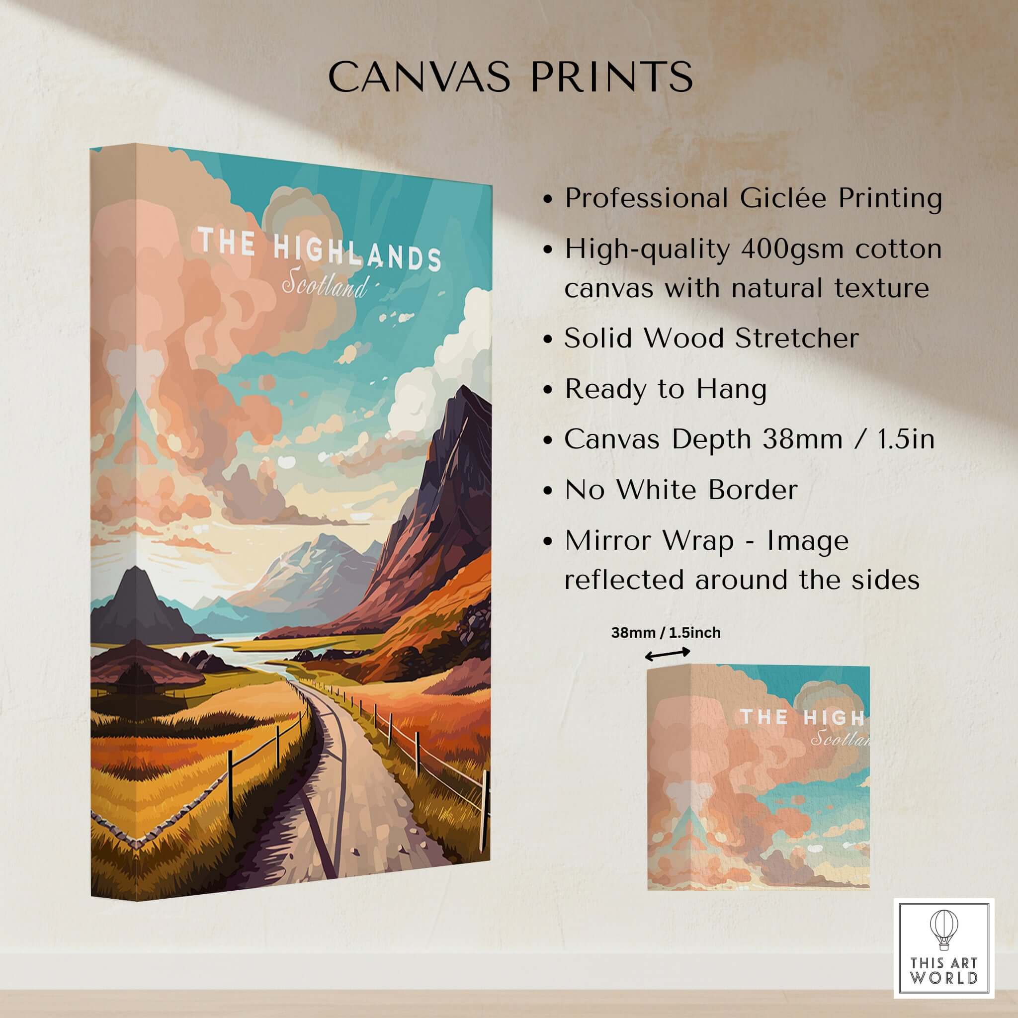 Scottish Highlands Art Print showcasing Giclée printing on natural texture canvas with vibrant landscape imagery.