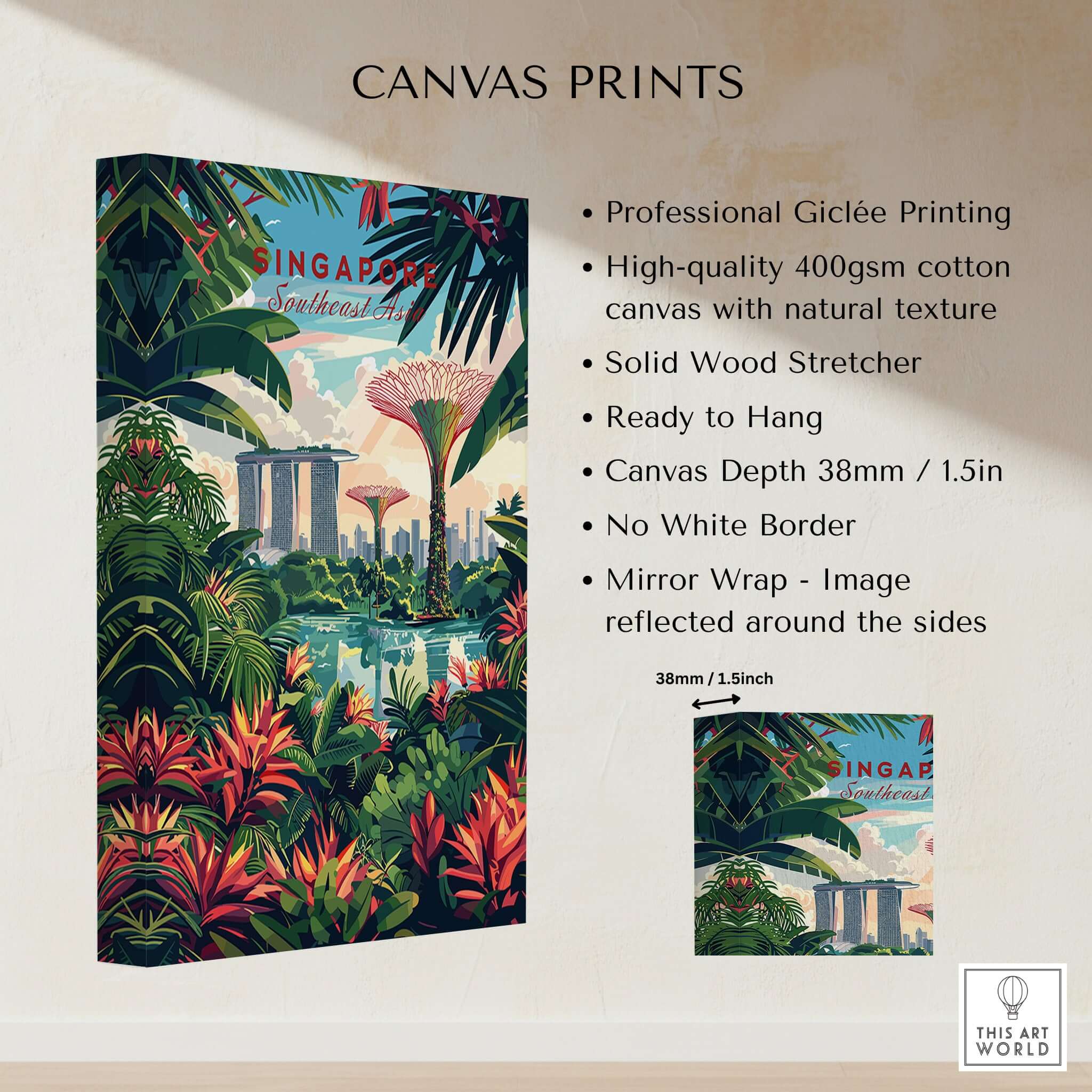Singapore Marina Bay Poster featuring vibrant tropical foliage and iconic skyline, perfect for modern decor.