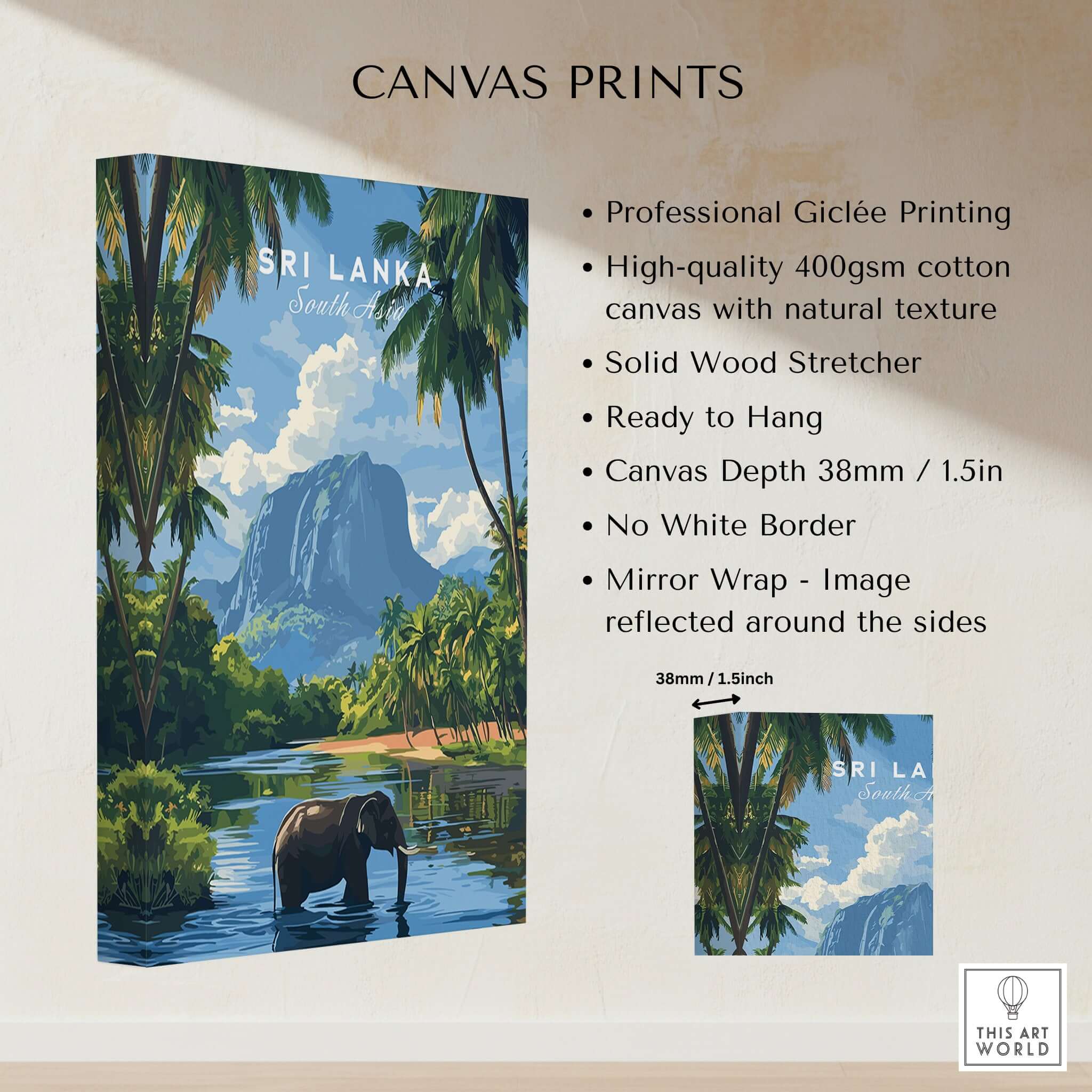 Sri Lanka Wildlife Poster - South Asia Landscape Art, Elephant Mountain View, high-quality canvas print with an elephant.