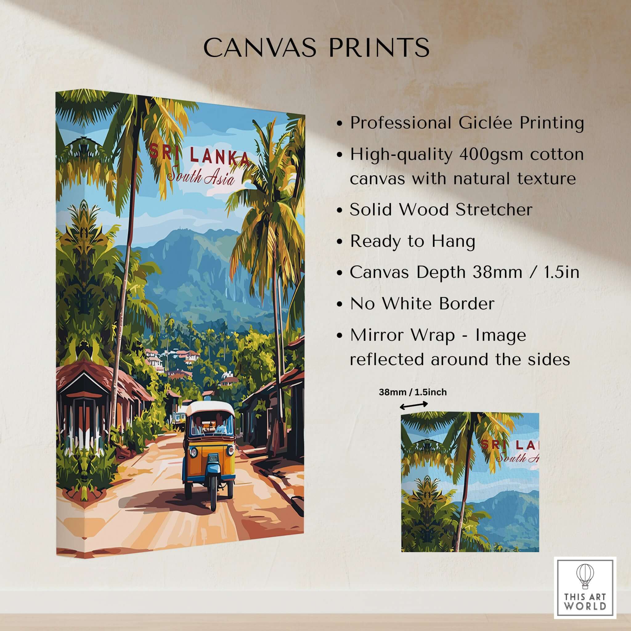 Sri Lanka Tuk-Tuk Art Print - South Asia Travel Poster, Island Street Scene with palm trees and vibrant colors.