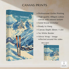 Val Thorens Travel Poster featuring stunning alpine scenery and ski equipment, perfect for winter sports enthusiasts.