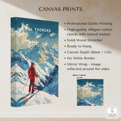 Val Thorens Poster featuring stunning alpine design and skier on high-quality canvas print.