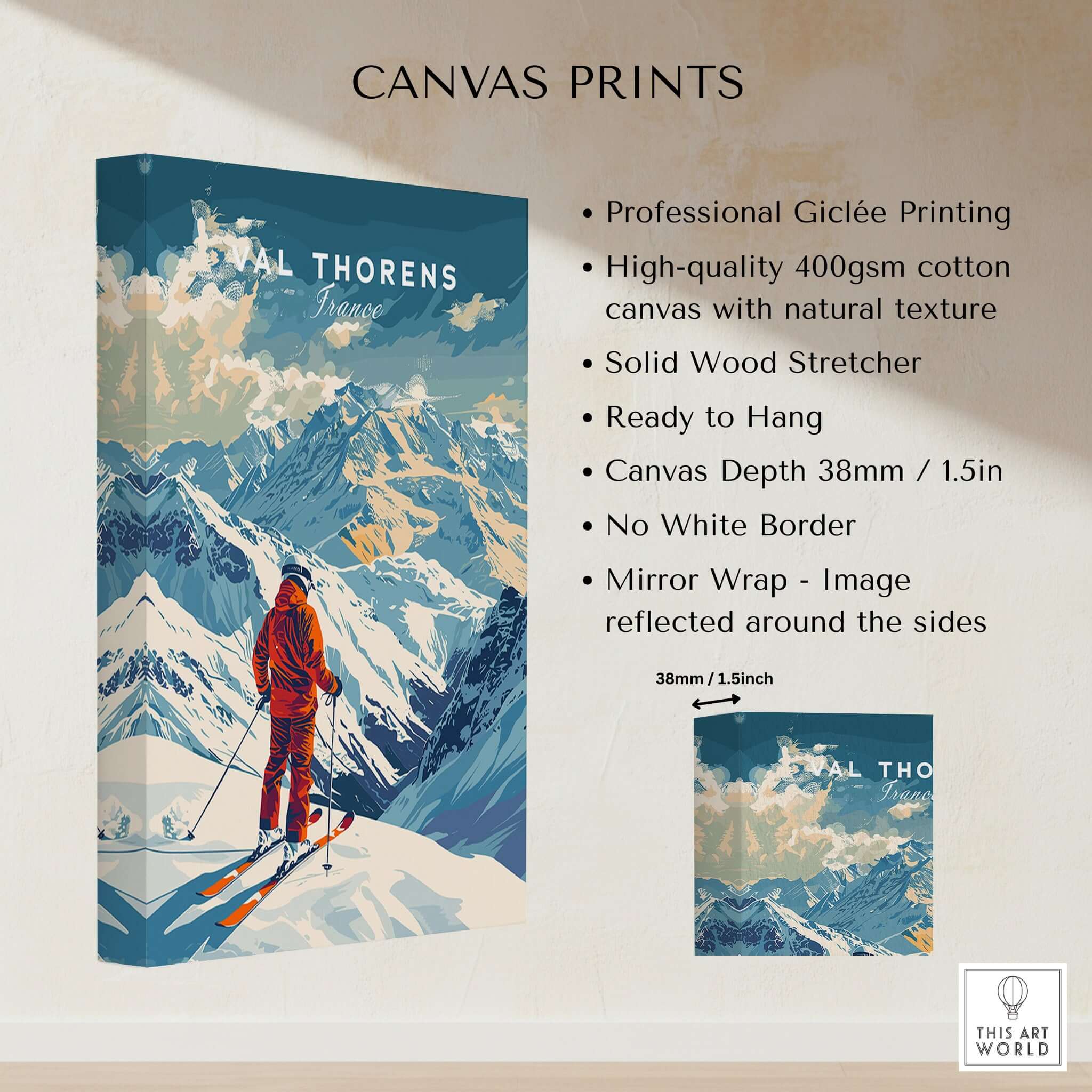 Val Thorens Poster featuring stunning alpine design and skier on high-quality canvas print.