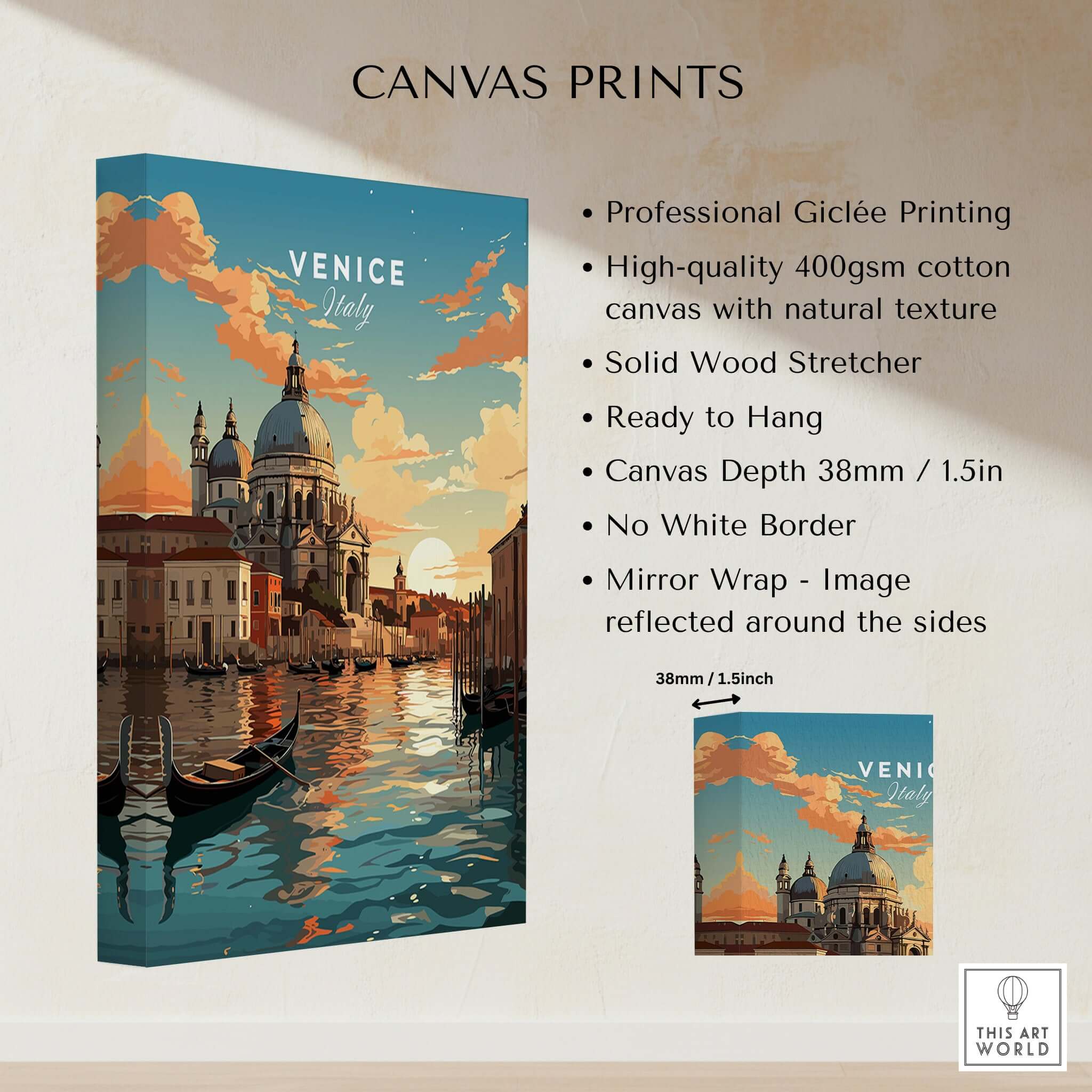 Venice Print showing serene canals, gondola, and stunning sunset, perfect for home decor or gifts.