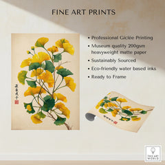 Gingko leaf fine art print in yellow and green, unframed, on heavyweight matte paper.