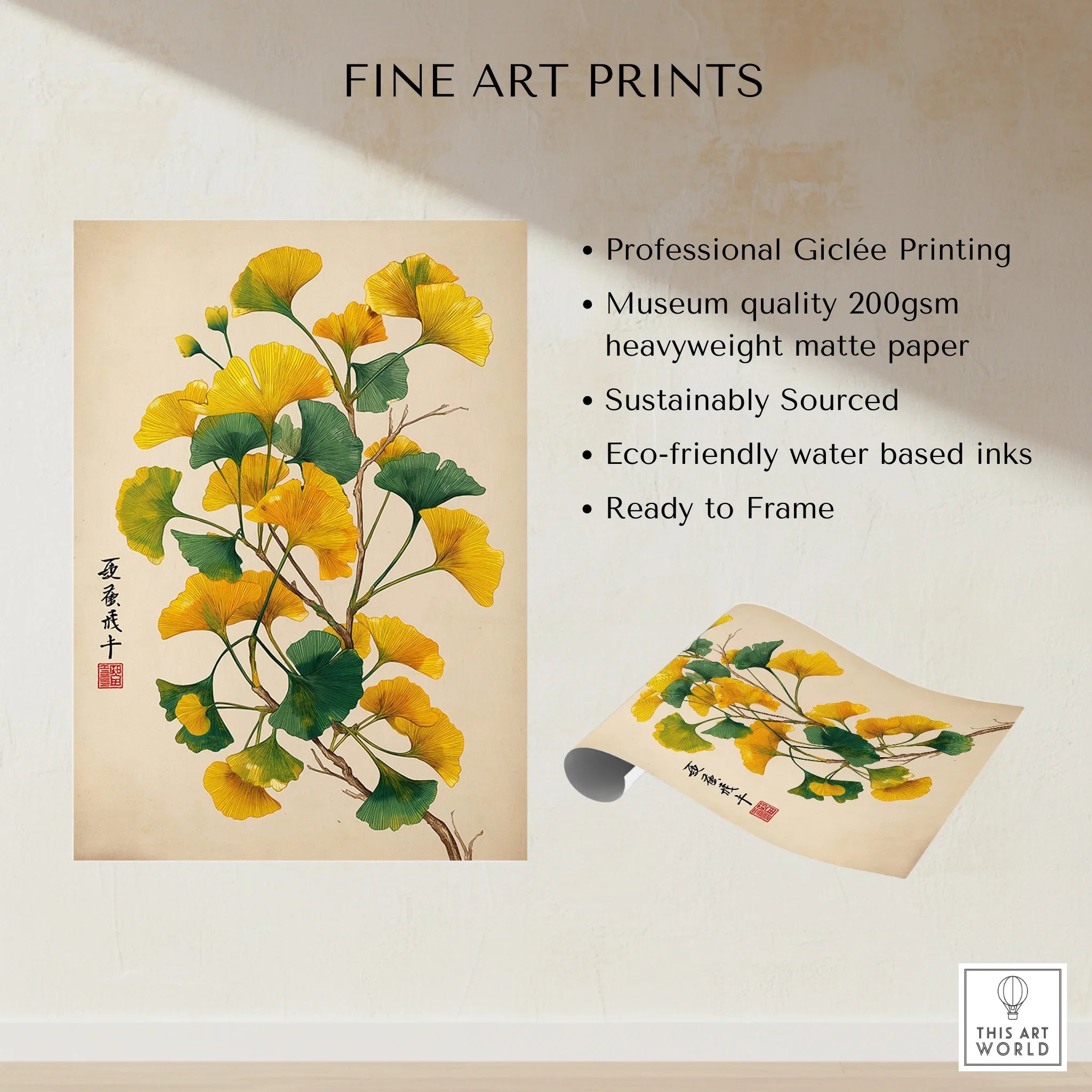 Gingko leaf fine art print in yellow and green, unframed, on heavyweight matte paper.