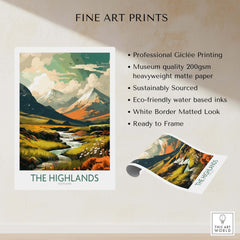 The Highlands Scotland fine art print showcasing mountains and river with eco-friendly features and ready to frame design.