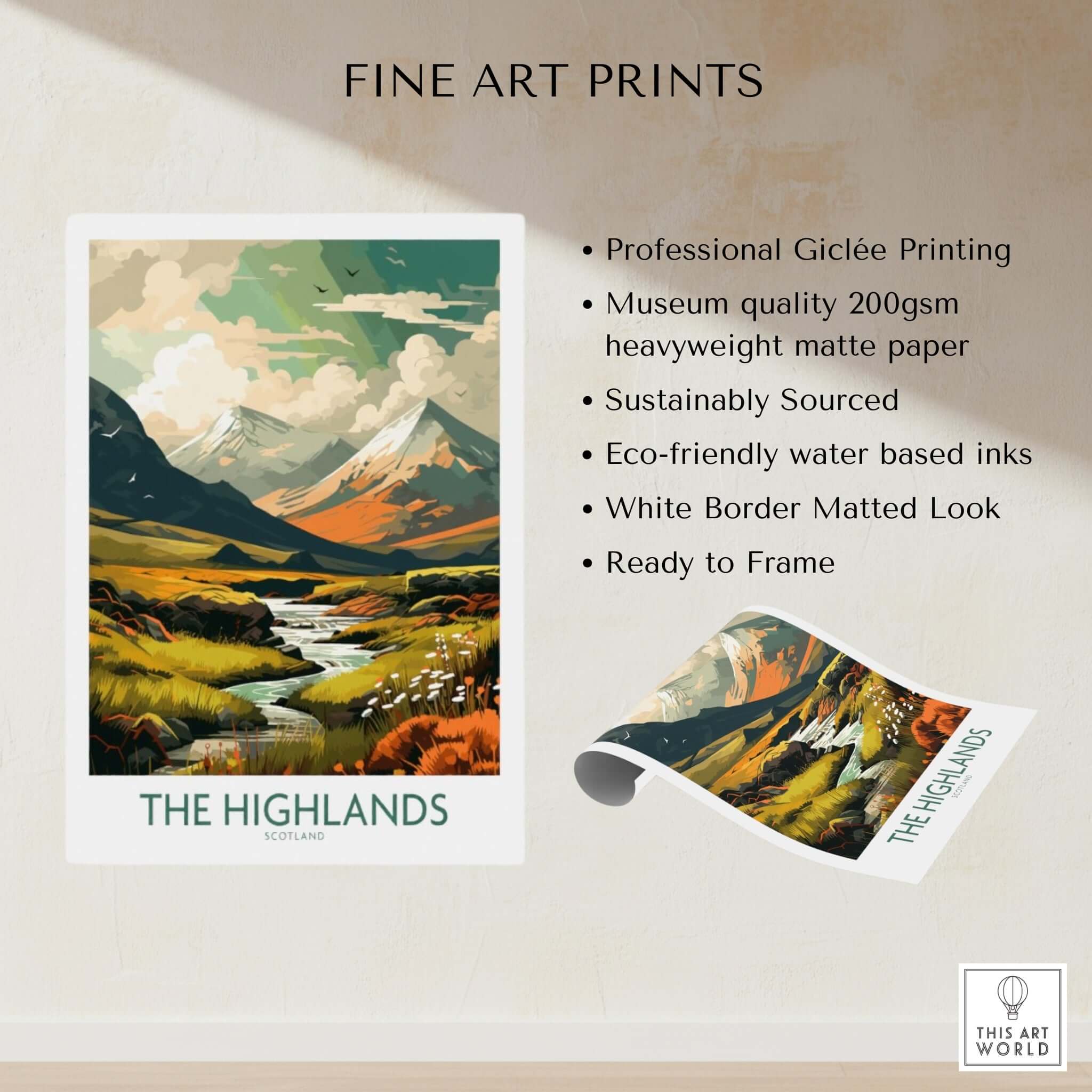 The Highlands Scotland fine art print showcasing mountains and river with eco-friendly features and ready to frame design.