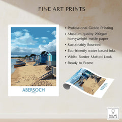 Abersoch Wales Beach Huts Art Print | Coastal Boats Wall Decor Poster featuring vibrant beach scene and detailed huts.