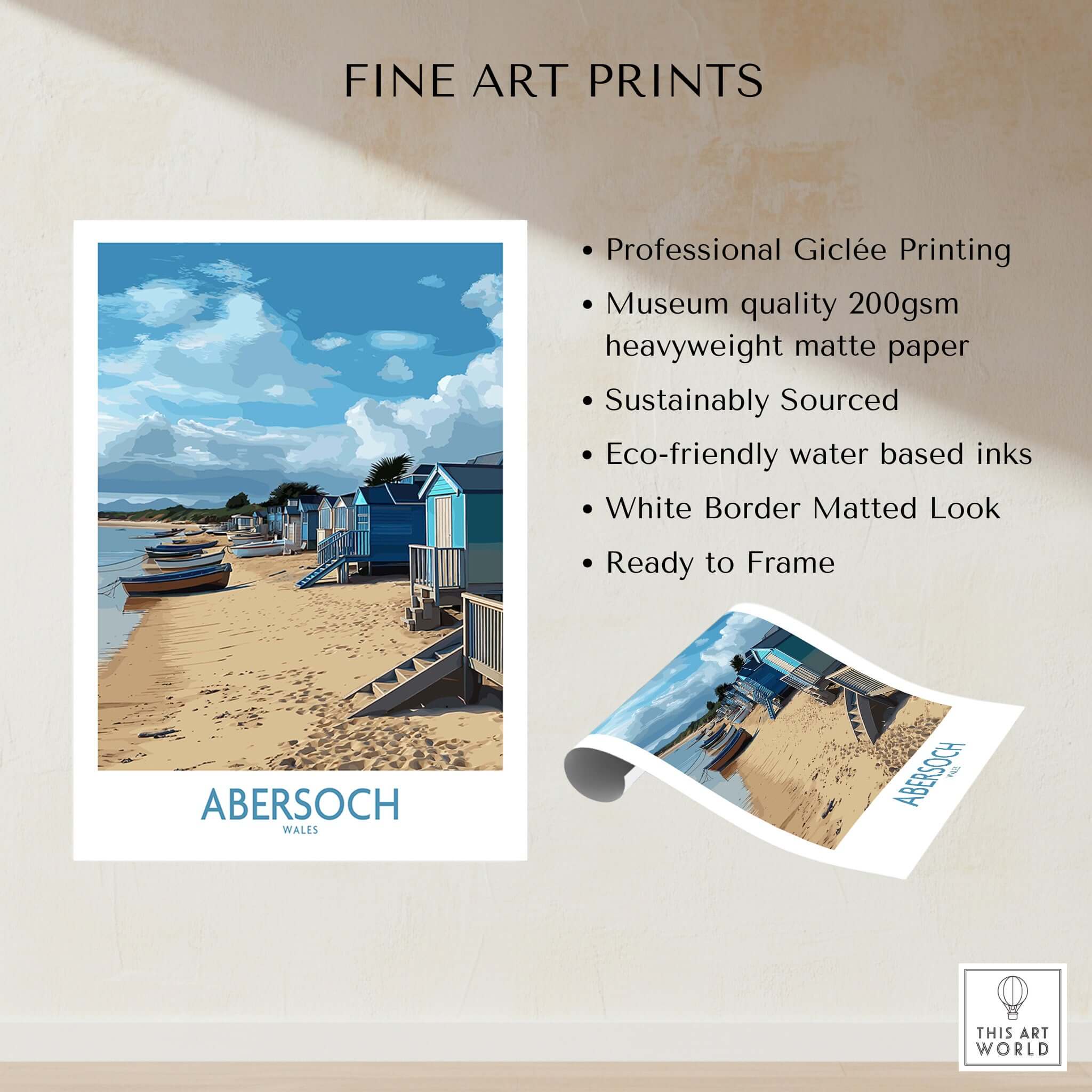 Abersoch Wales Beach Huts Art Print | Coastal Boats Wall Decor Poster featuring vibrant beach scene and detailed huts.