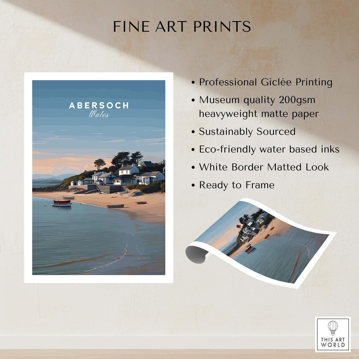 Abersoch Llyn Peninsula Shoreline View Canvas Print | Welsh Seaside Travel Poster, showcasing fine art Giclée printing and eco-friendly materials.