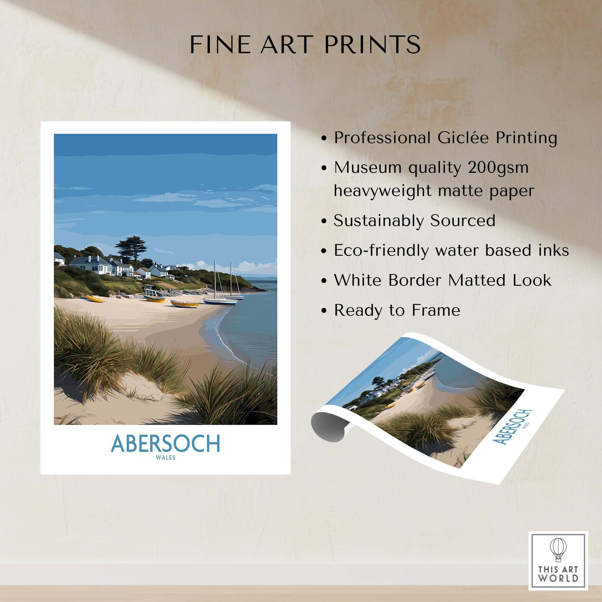 Abersoch Wales Sand Dunes Beach Art Print | Sailboats Coastal Wall Decor showcasing professional Giclée printing details.