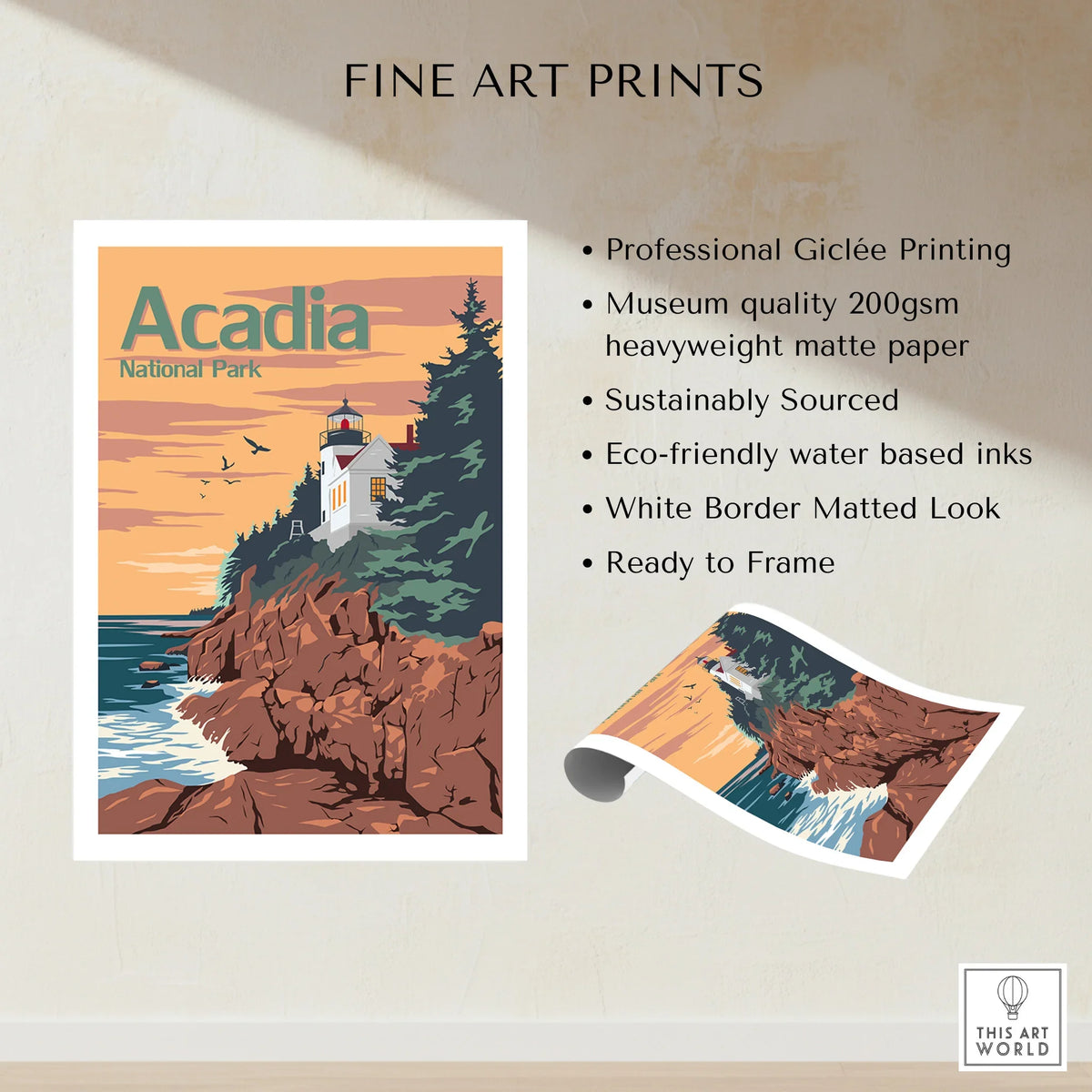 Acadia National Park fine art print with lighthouse, rocky cliffs, and ocean at sunset.