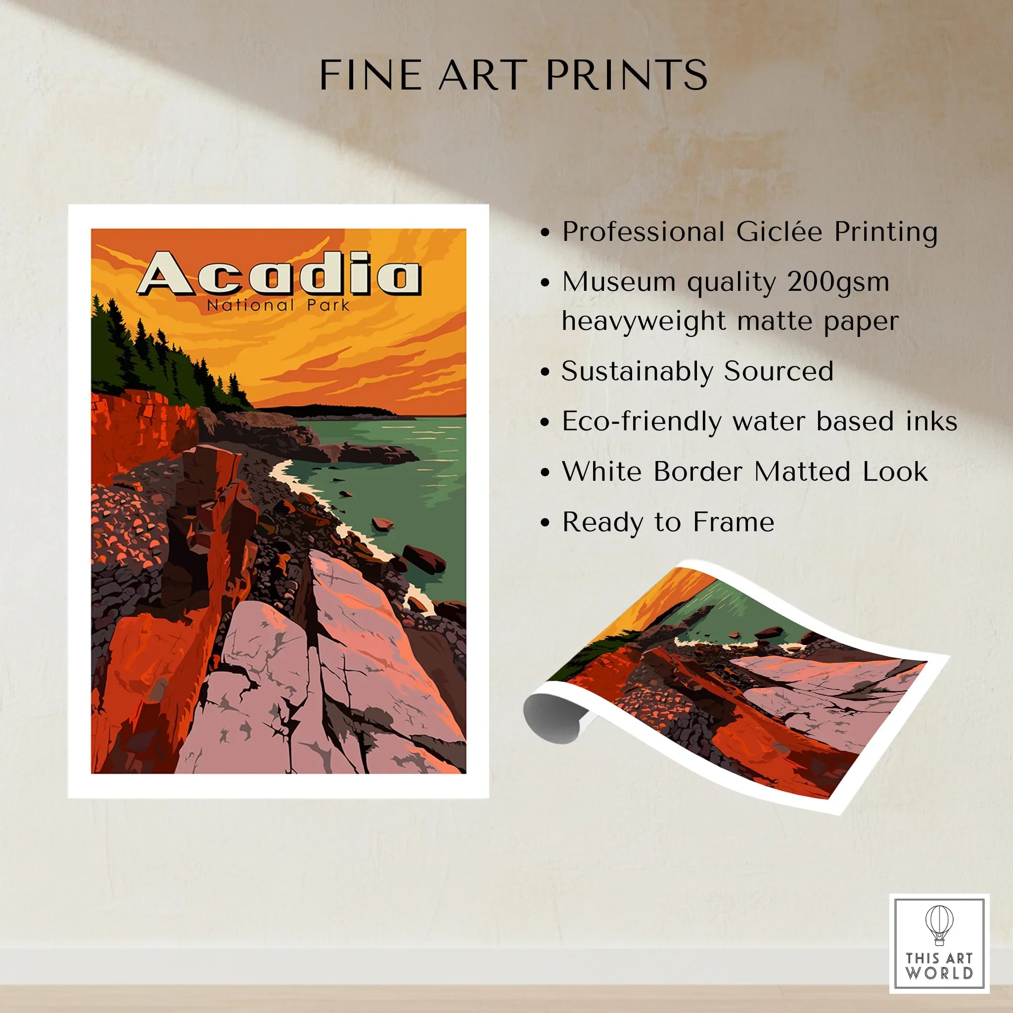 Acadia National Park fine art print with scenic rocky coastline and sunset, unframed wall art