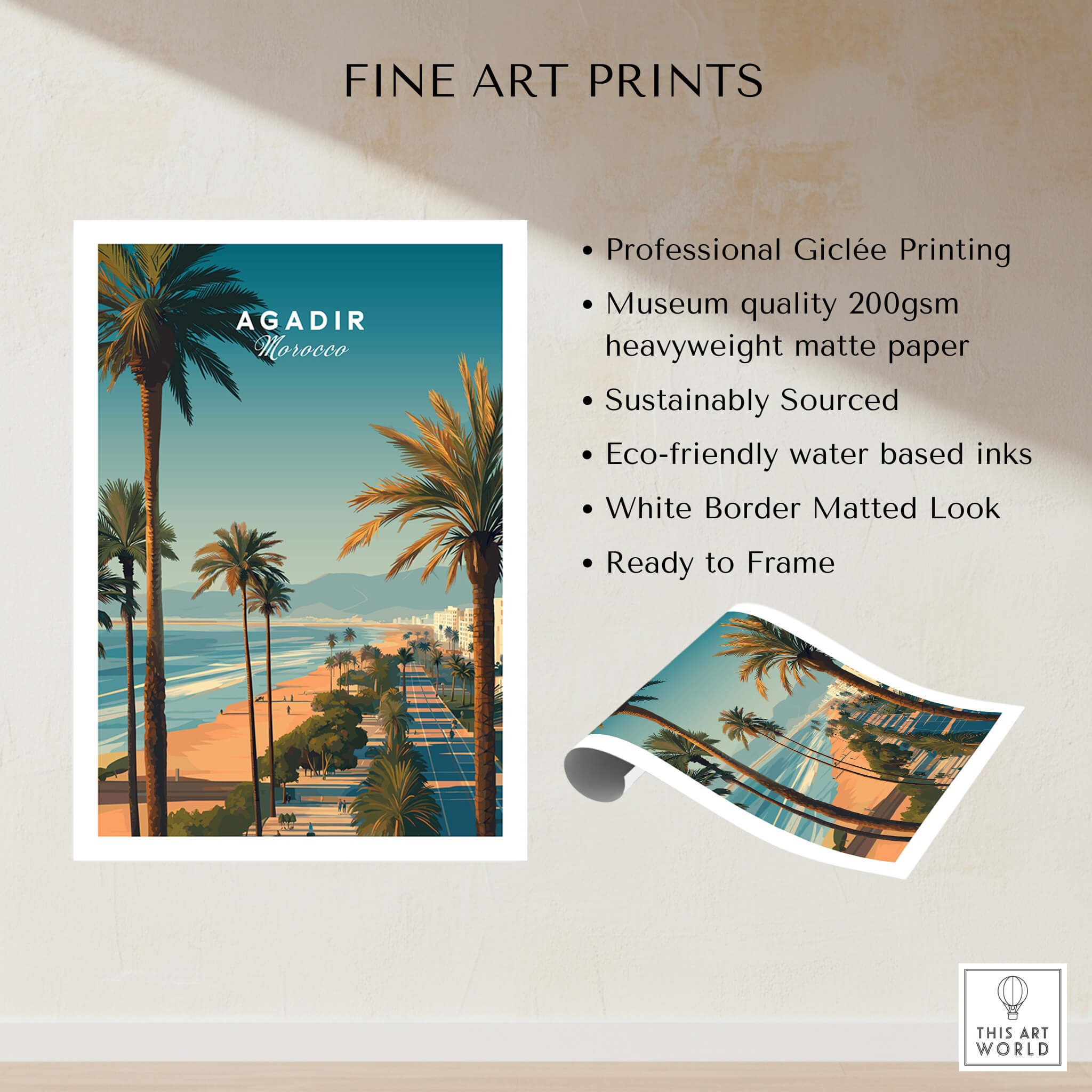 Agadir Travel Poster Print Morocco - Palm Trees showcasing a vibrant beach scene with palm trees and Mediterranean colors.