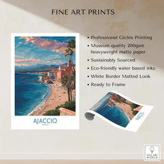 Ajaccio France Coastal Beach Art Print | Corsica Sunset City Poster showcasing beach, palm trees, and sunset colors.