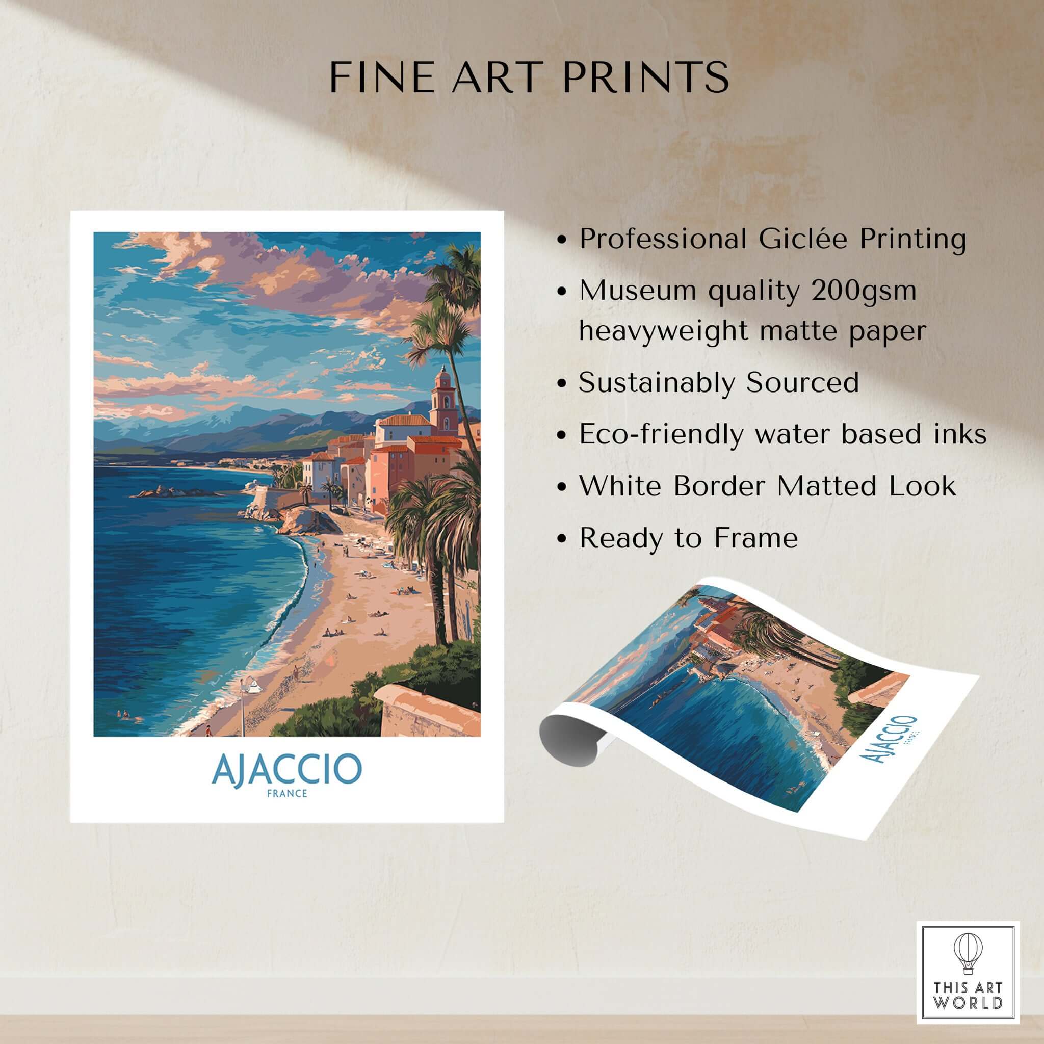 Ajaccio France Coastal Beach Art Print | Corsica Sunset City Poster showcasing beach, palm trees, and sunset colors.