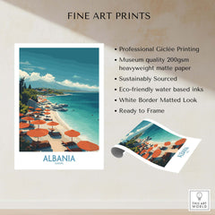 Albania Art Print | Beach Poster showcasing vibrant beach scene with umbrellas and tranquil coastline.
