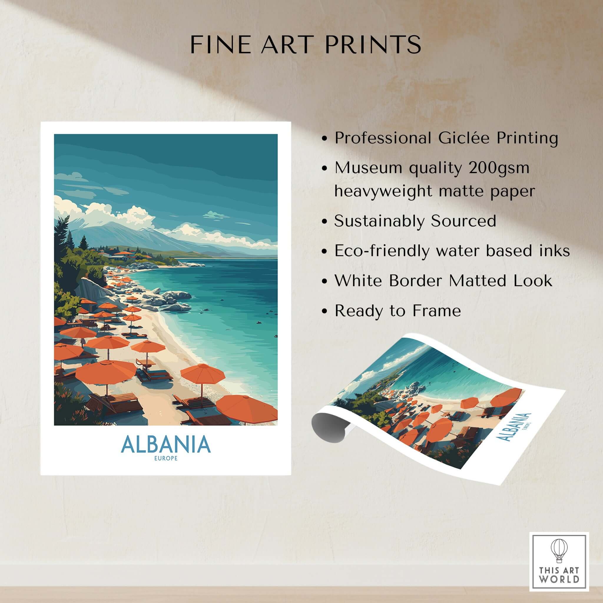 Albania Art Print | Beach Poster showcasing vibrant beach scene with umbrellas and tranquil coastline.