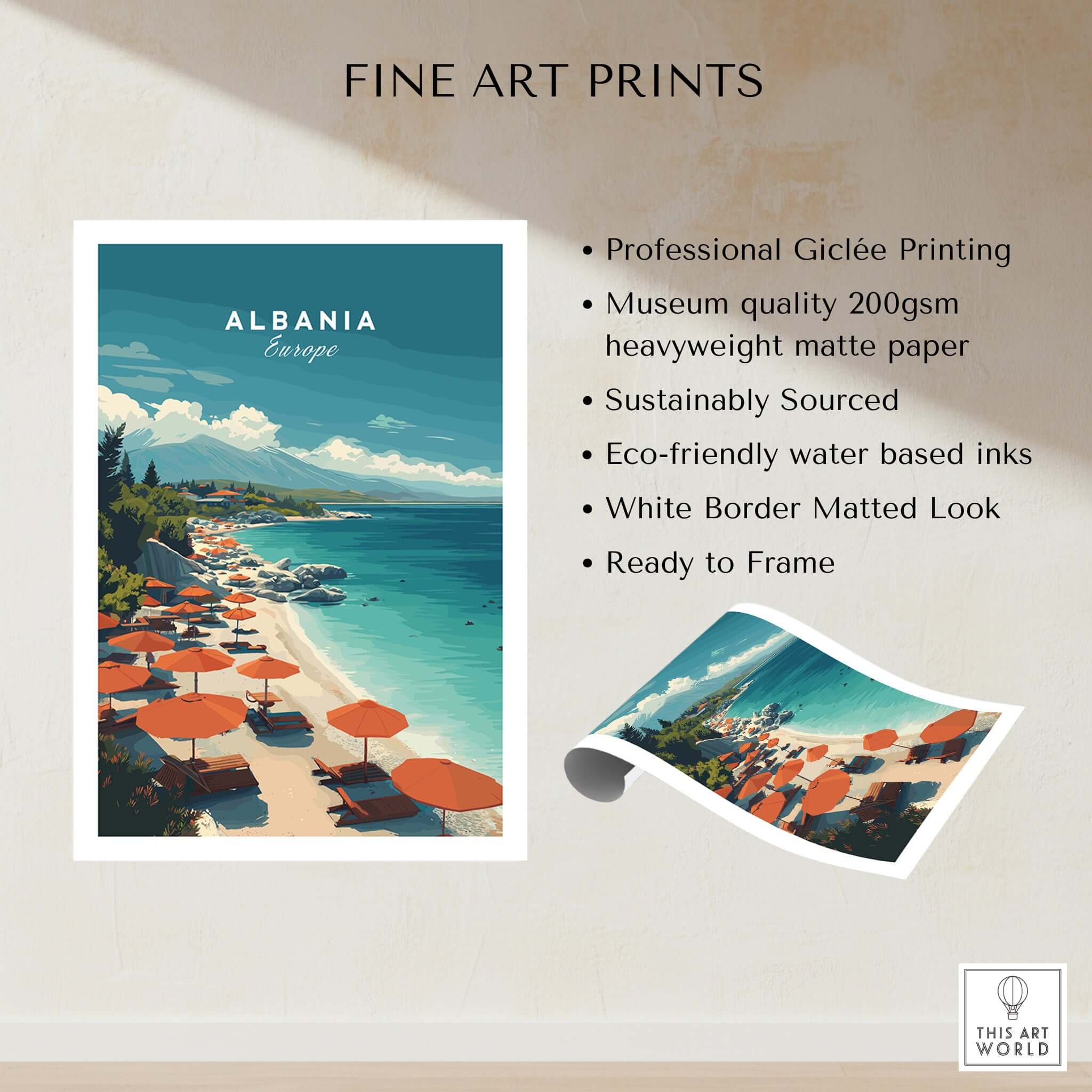 Albania Canvas Print | Balkan Travel Wall Decor featuring a vibrant beach scene with umbrellas and crystal-clear waters.
