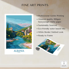 Albania Historic Stone Bridge Art Print | Mountain River Landscape Poster showcasing stunning architecture and natural beauty.