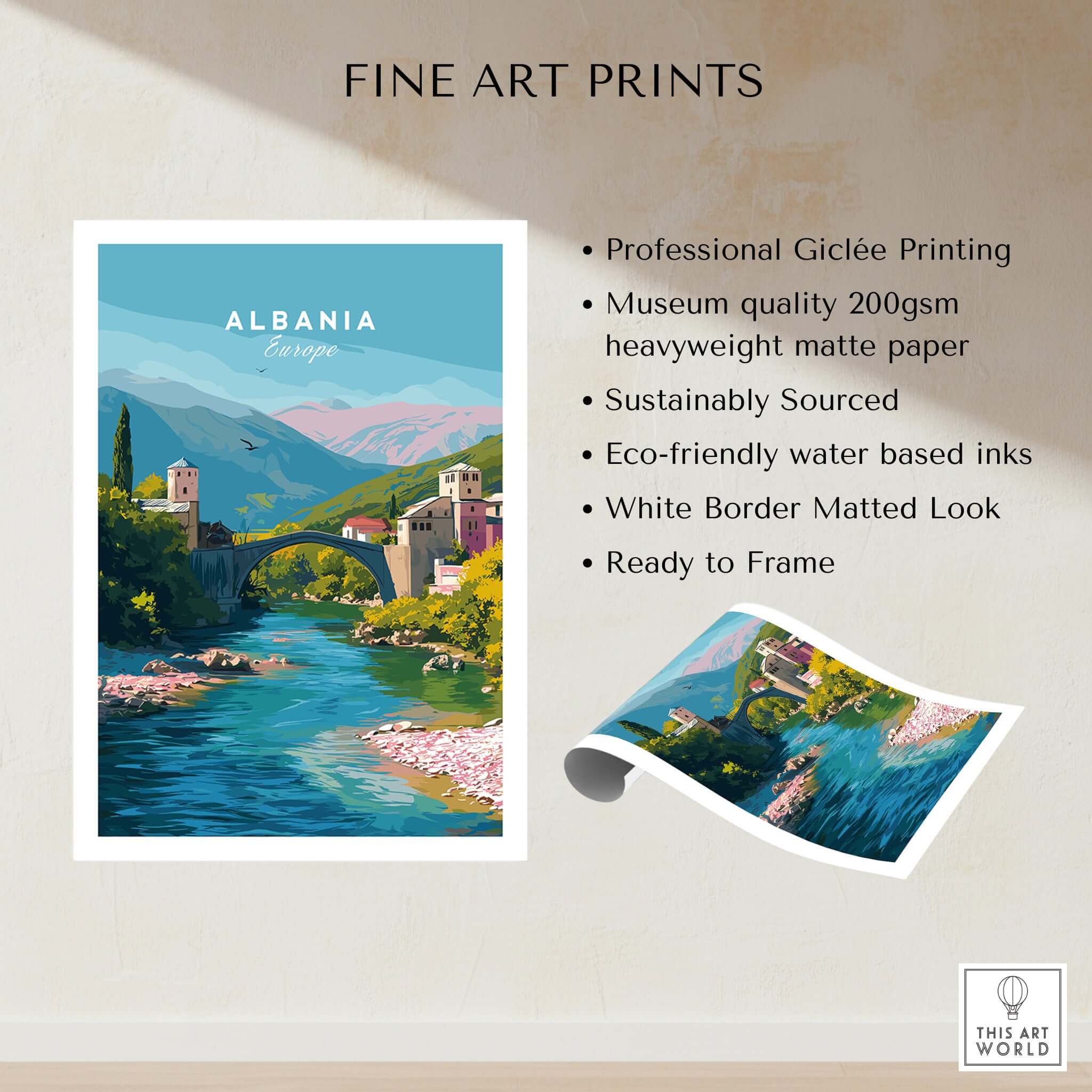 Albania Canvas Print | European Travel Wall Decor showcasing a river view and mountains with professional giclée printing.