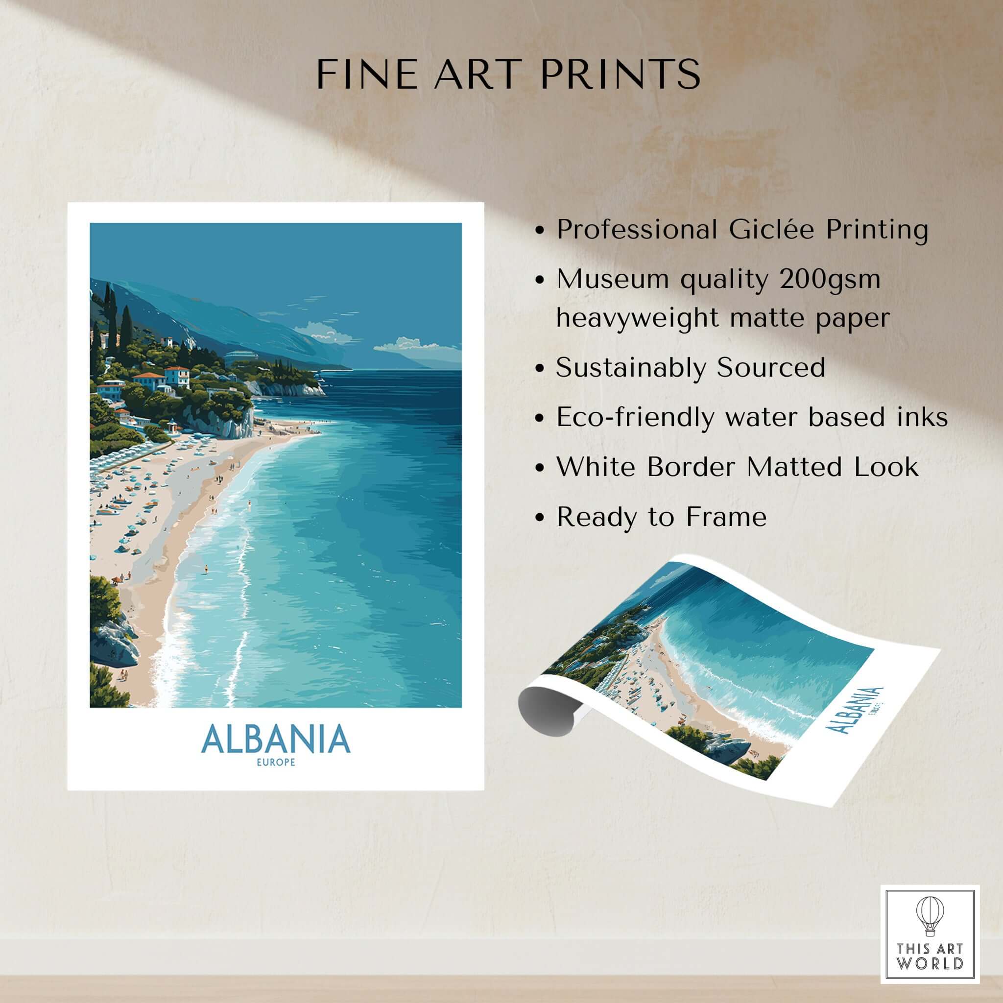 Albania Art Print | Turquoise Water Coastal Wall Decor showcasing crystal-clear turquoise waters and beautiful beaches.
