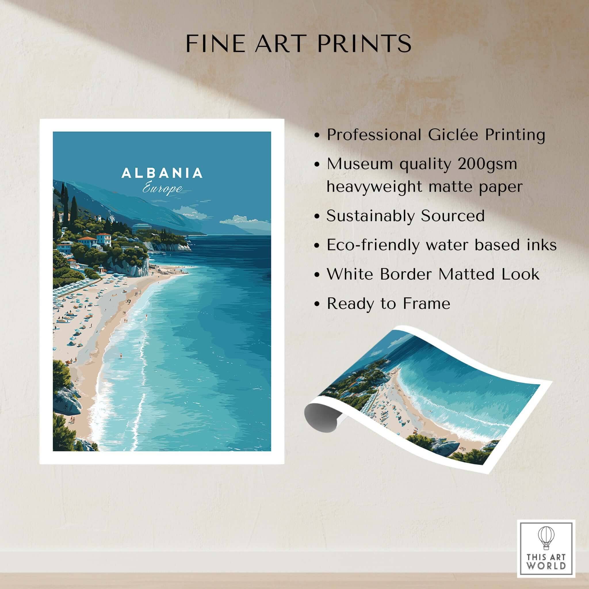 Albania Canvas Print | Balkan Travel Poster featuring stunning beach scene and vibrant colors.