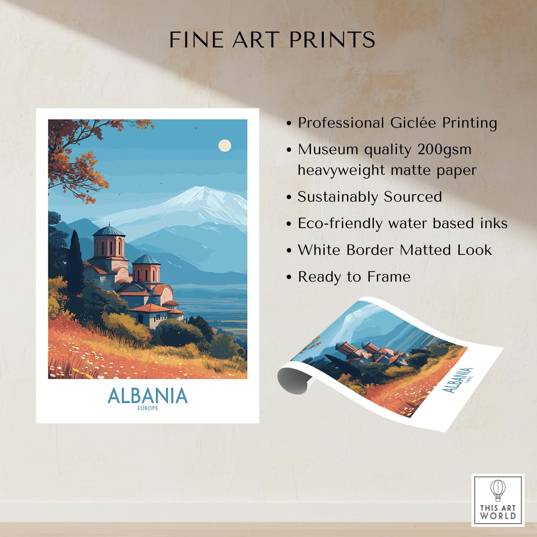 Albania Snow Mountain Church Art Print | Historic Monastery Landscape Poster showcasing a serene mountain landscape.