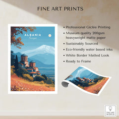 Albania Canvas Print | Framed and Unframed Travel Wall Decor showcasing monastery architecture and dramatic landscapes.