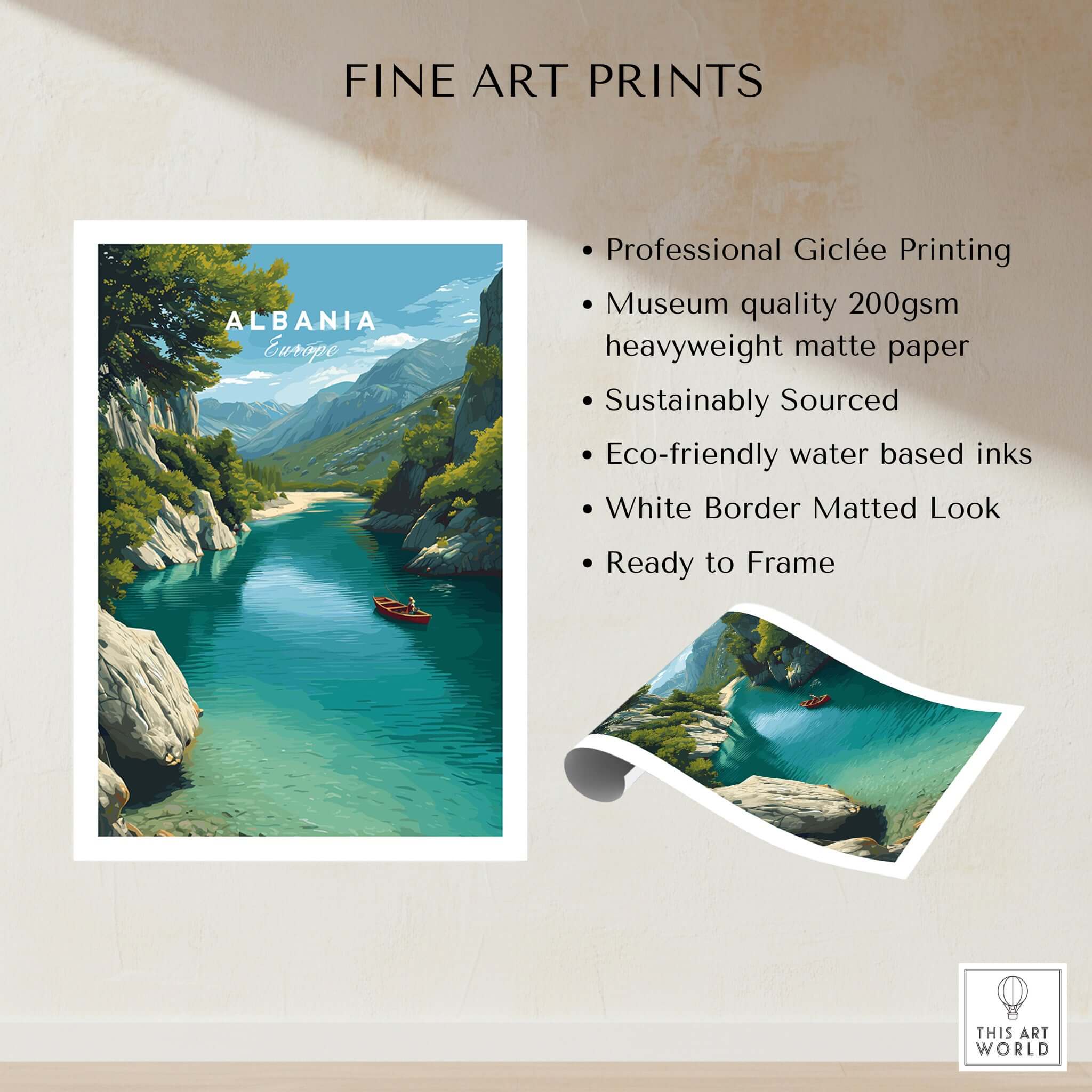 Albania Canvas Art Print featuring a serene landscape of Albanian mountains and waters, showcasing vibrant colors and natural beauty.