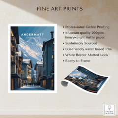 Andermatt Travel Poster – Swiss Alps Winter Village and Chalet Print featuring a snowy alpine village.