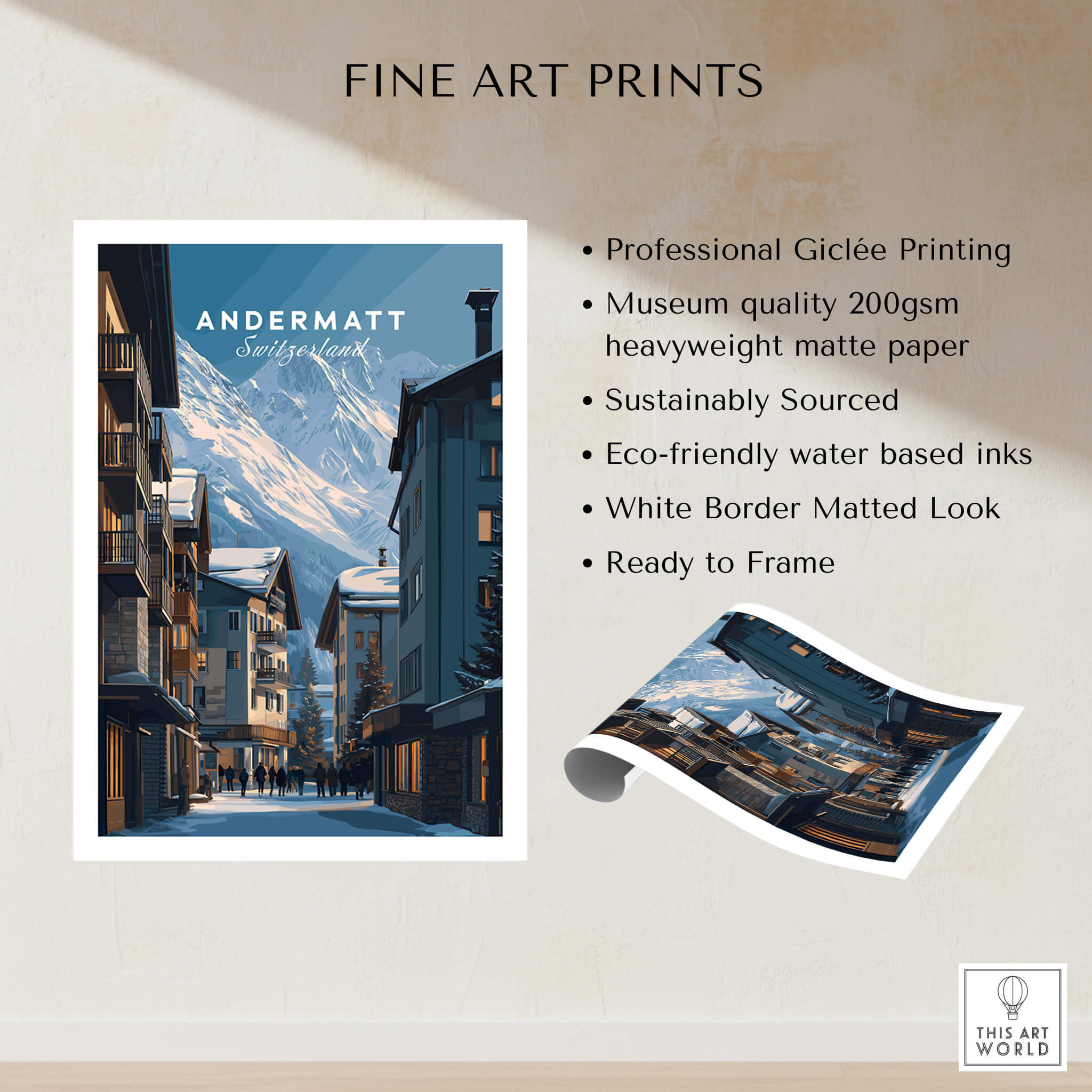 Andermatt Travel Poster – Swiss Alps Winter Village and Chalet Print featuring a snowy alpine village.
