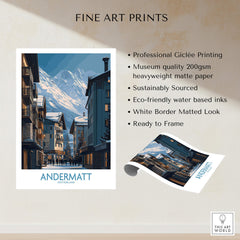 Andermatt Switzerland Wall Art Print showcasing a picturesque alpine scene with traditional architecture and dramatic mountains.
