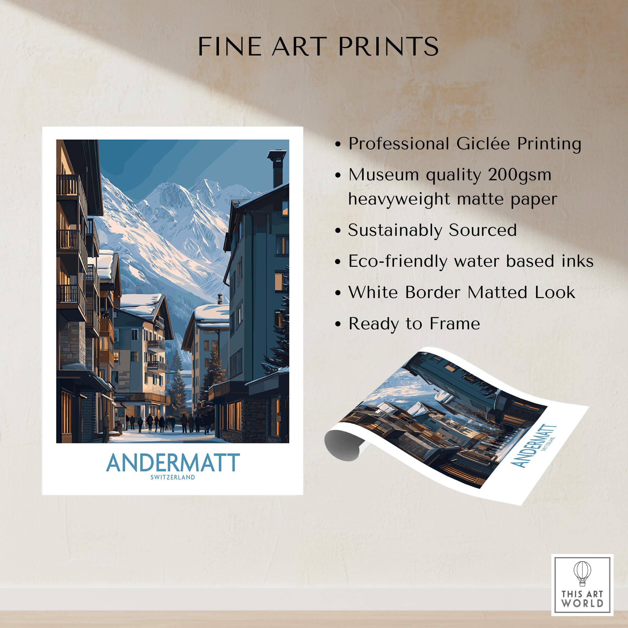 Andermatt Switzerland Wall Art Print showcasing a picturesque alpine scene with traditional architecture and dramatic mountains.
