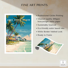 Anna Maria Island Florida art print with palm trees, beach houses, and sea, fine art details shown