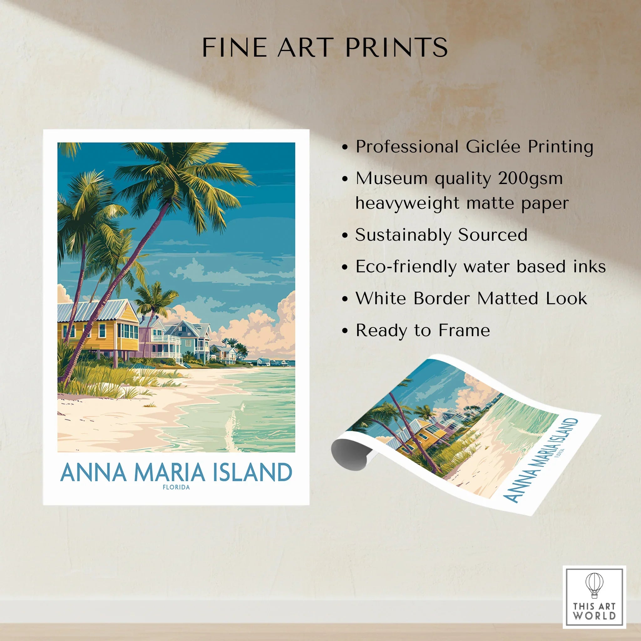Anna Maria Island Florida beach art print with palm trees and coastal homes, fine art poster