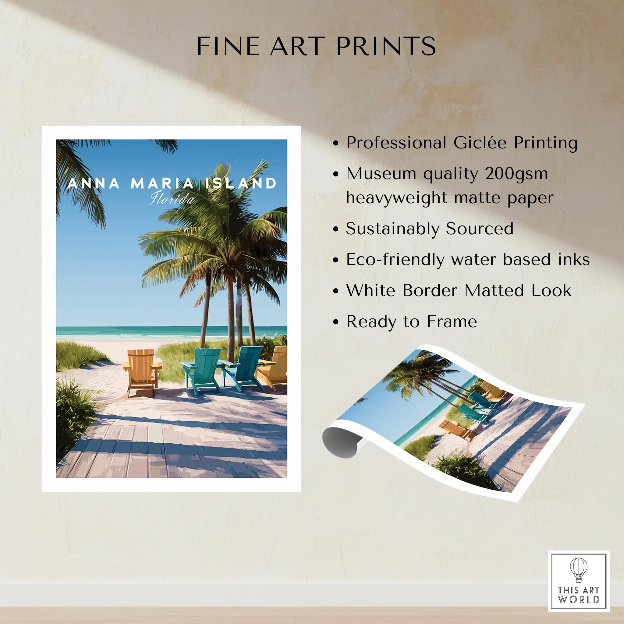 Anna Maria Island Florida fine art print with beach, palm trees, and colorful chairs, unframed wall art