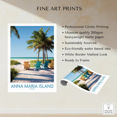 Anna Maria Island fine art print with palm trees, beach chairs, and ocean view, unframed.