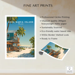 Anna Maria Island Florida travel poster print with beach, palm trees, and blue house wall art.