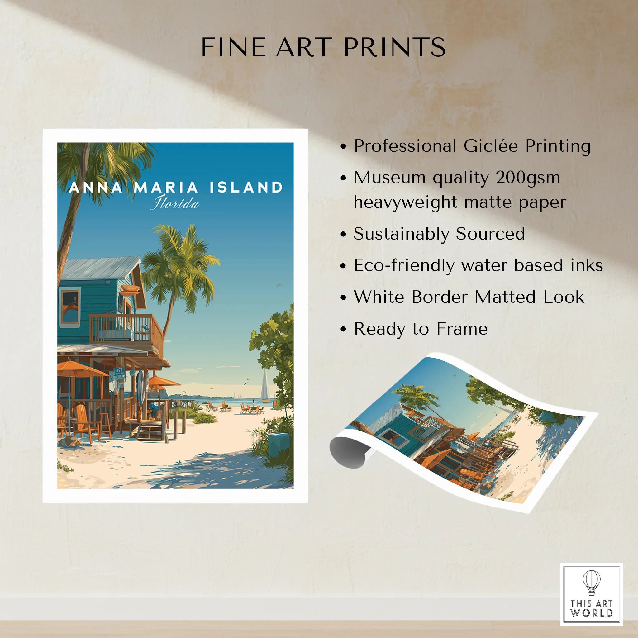 Anna Maria Island Florida travel poster print with beach, palm trees, and blue house wall art.