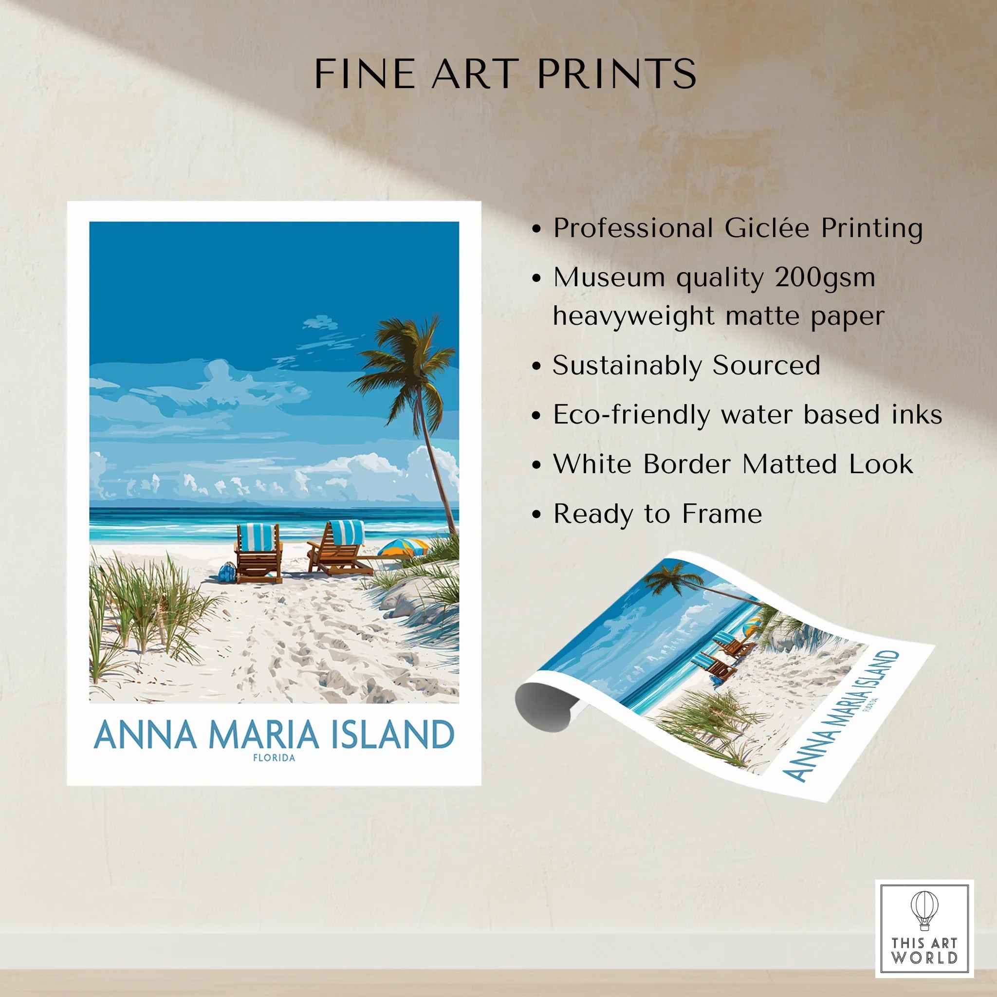 Anna Maria Island beach art print with palm trees, sand, ocean, and two chairs.