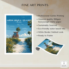 Anna Maria Island Florida art print with beach, palm trees, and red lifeguard tower, unframed.