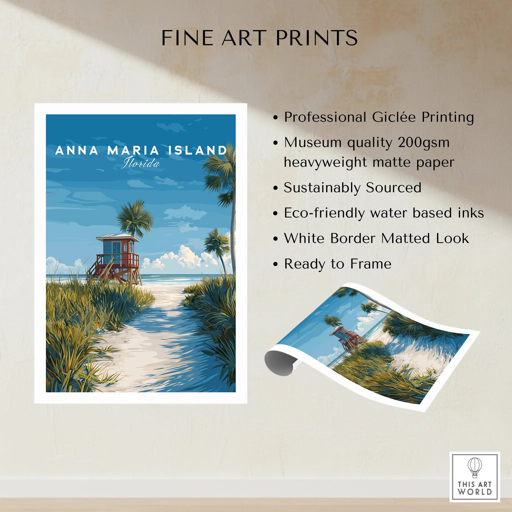 Anna Maria Island Florida art print with beach, palm trees, and red lifeguard tower, unframed.
