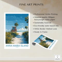 Anna Maria Island Florida art print with lifeguard tower, palm trees, and sandy beach, unframed wall decor.