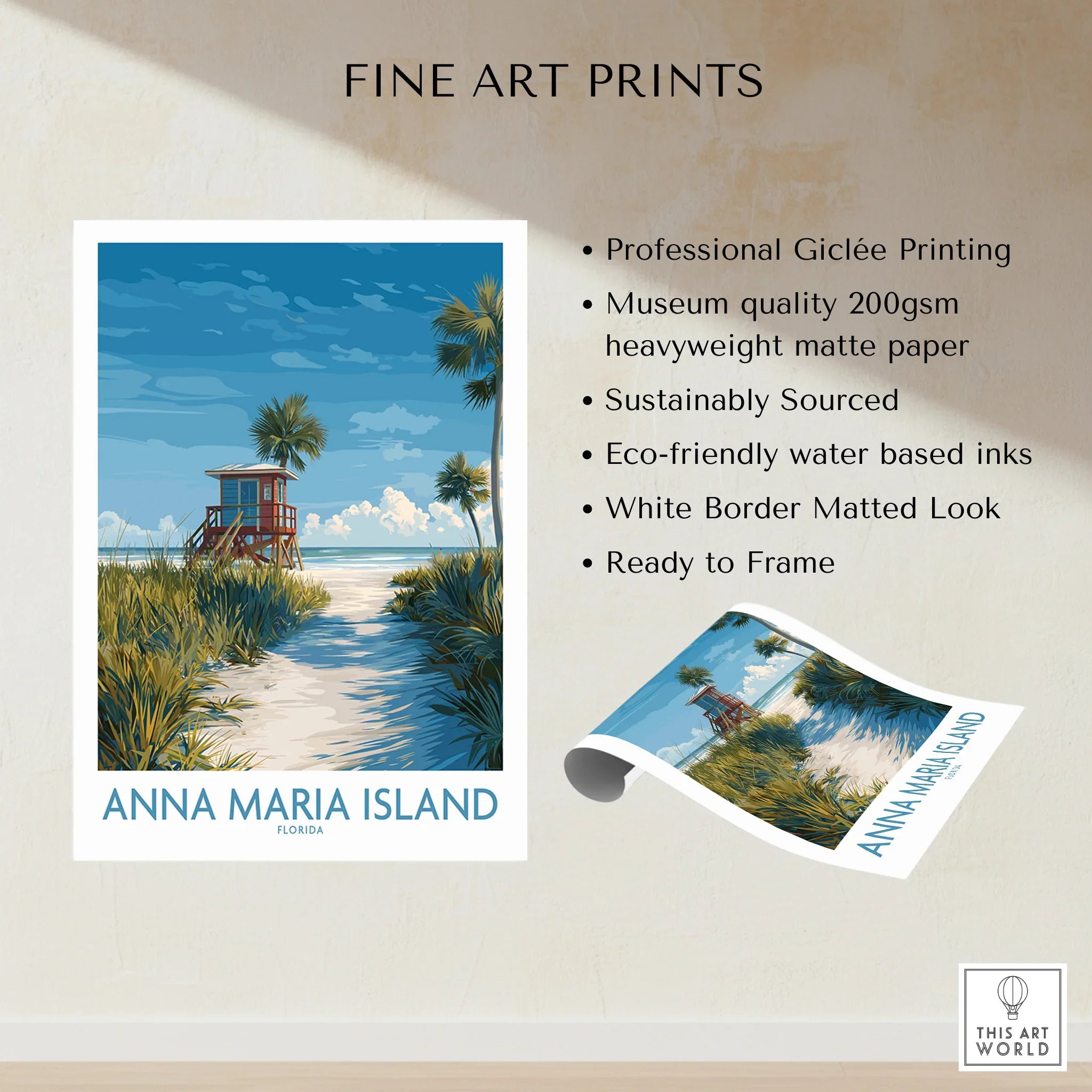 Anna Maria Island Florida art print with lifeguard tower, palm trees, and sandy beach, unframed wall decor.