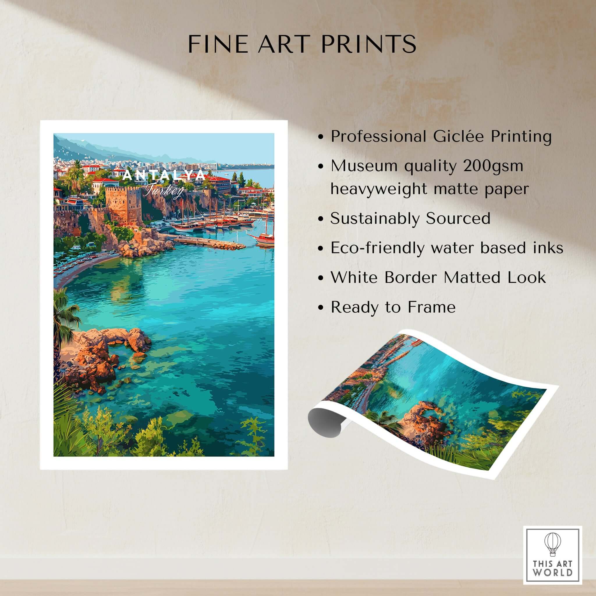 Antalya Marina and Red Tower Canvas Print | Turkish Coastal Wall Decor showcasing vibrant waterfront view.