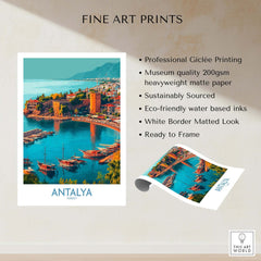 Antalya Turkey Kaleci Port Art Print | Historic Red Tower Poster showcasing Giclée print of Antalya's coastal view.