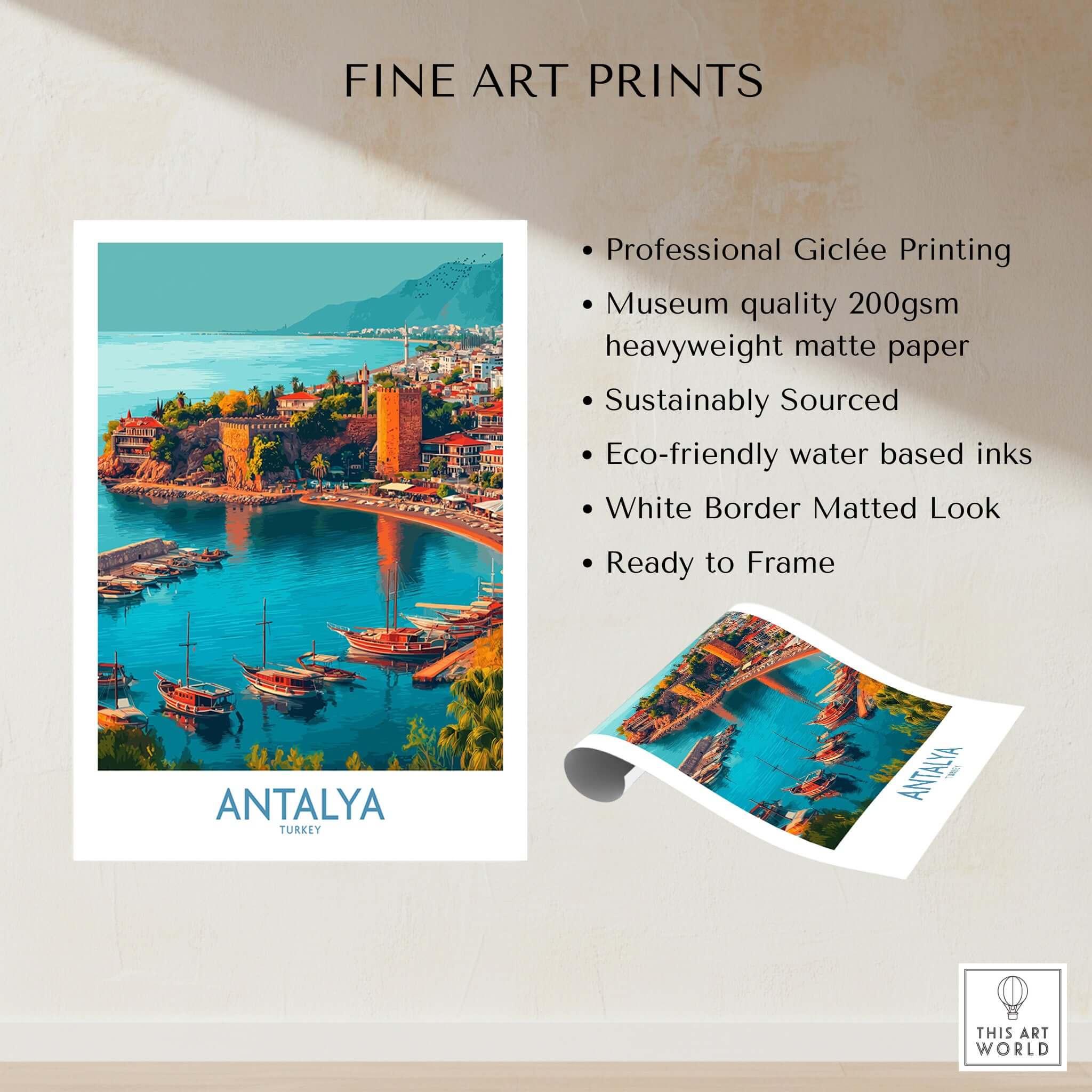 Antalya Turkey Kaleci Port Art Print | Historic Red Tower Poster showcasing Giclée print of Antalya's coastal view.