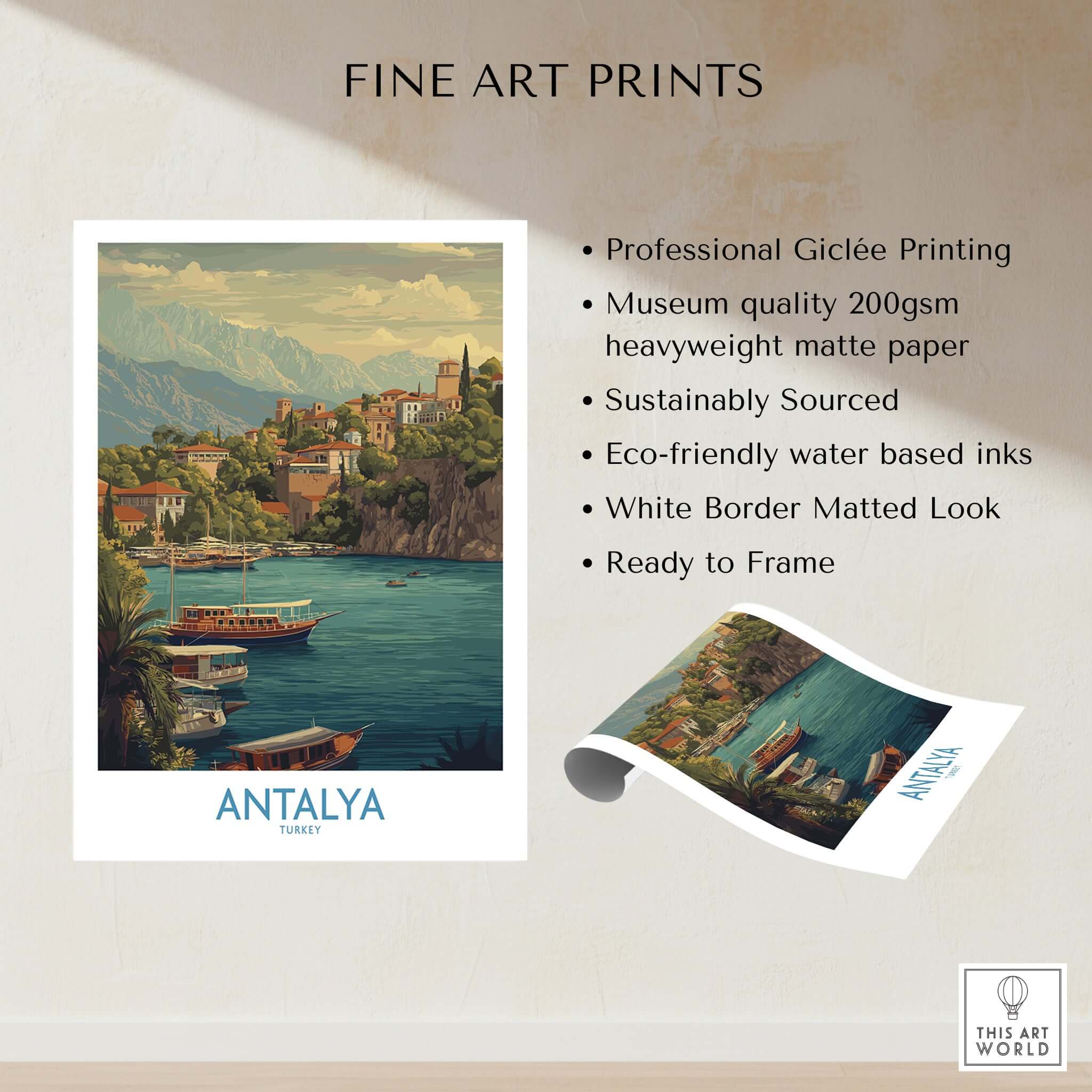 Antalya Turkey Harbour Cliff Art Print | Taurus Mountains View Poster showcasing professional Giclée printing and eco-friendly inks.